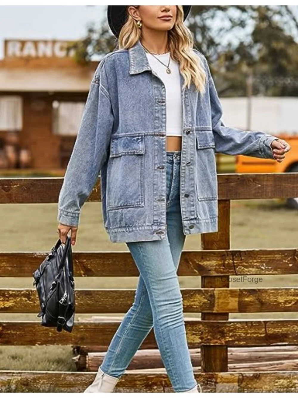 Vintage Distressed Oversized Denim Jacket Shacket Button Down Flap Pockets